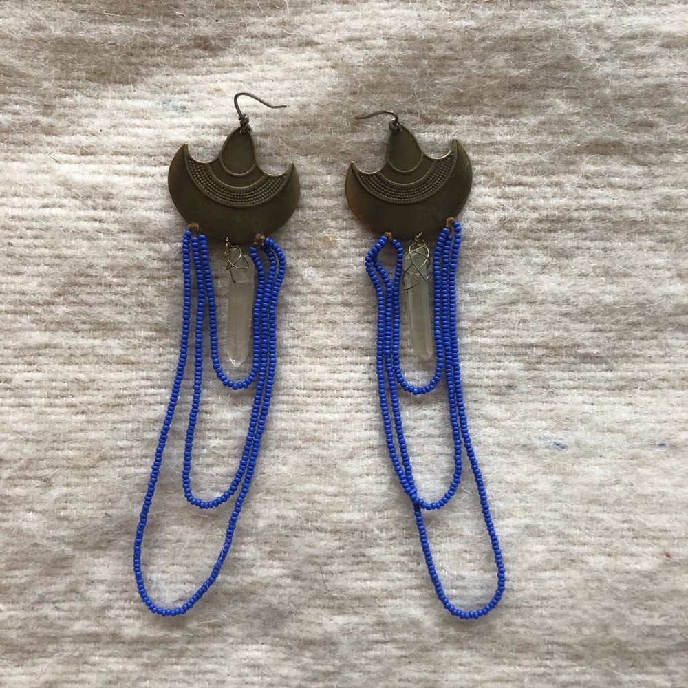 Quartz Crystal Blue Beaded Long Draped Earrings